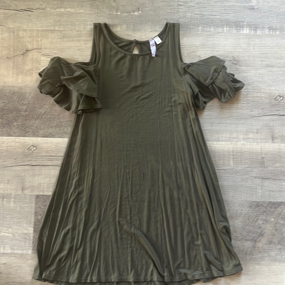 Cold shoulder, Women’s dark green dress, knee length